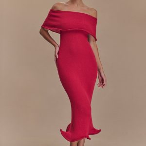 Molly Off Shoulder Knit Midi Dress - Raspberry