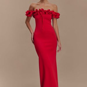 Nova Ruffle Off Shoulder Maxi Dress - Ruby