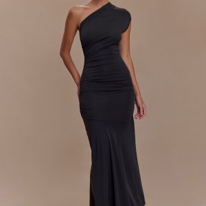 Chloe Peached Jersey One Shoulder Midi Dress - Black