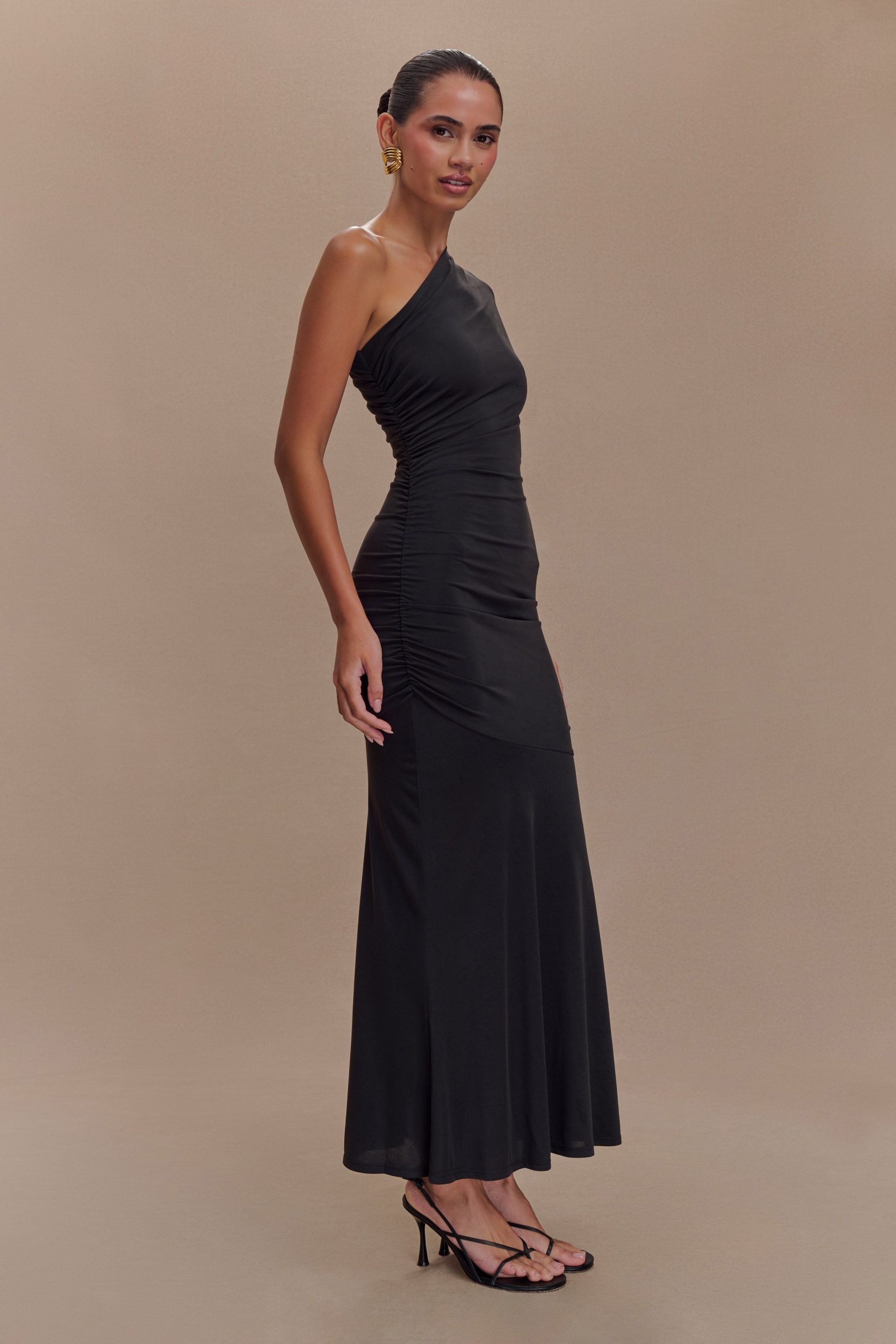 Chloe Peached Jersey One Shoulder Midi Dress - Black - Image 4