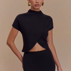Eris High Neck Scuba Jersey Top - Black