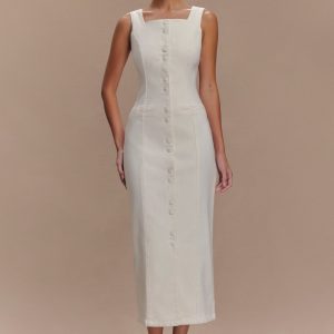 Reyna Denim Midi Dress - White