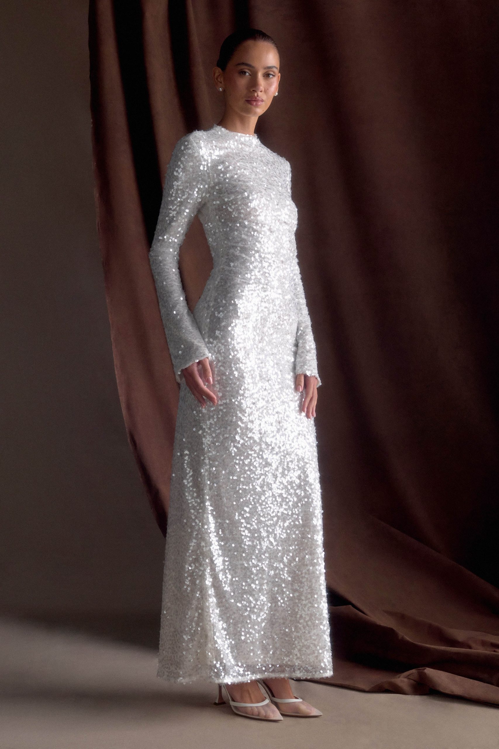 Sofia Long Sleeve Sequin Maxi Dress - White - Image 3