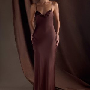 Lilly Sweetheart Satin Maxi Dress - Dark Chocolate
