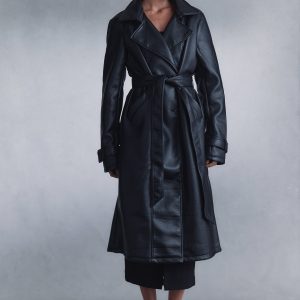 Tarah Faux Leather Trench Coat - Black