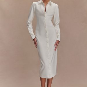 Dorian Fitted Shirt Midi Dress - White