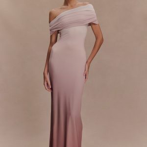 Cassandra Off Shoulder Slinky Maxi Dress - Neutral Ombre