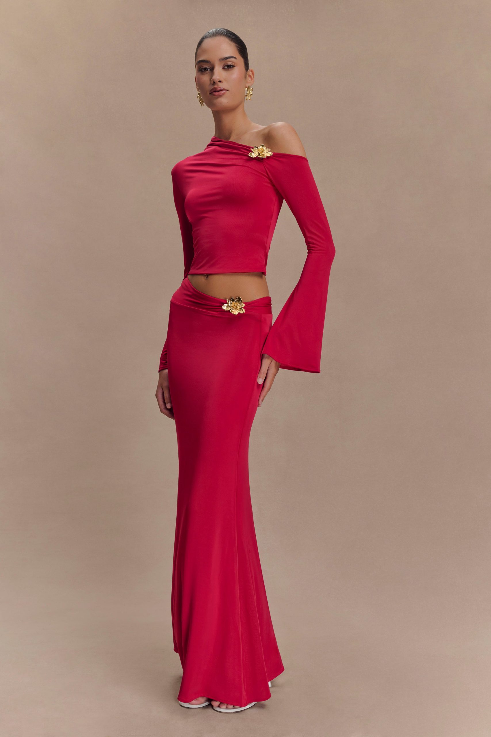 Ainsley Asymmetrical Maxi Skirt With Floral Hardware - Fuchsia Pink - Image 6