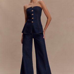 Jen Wide Leg Flare Denim Jeans - Indigo Blue