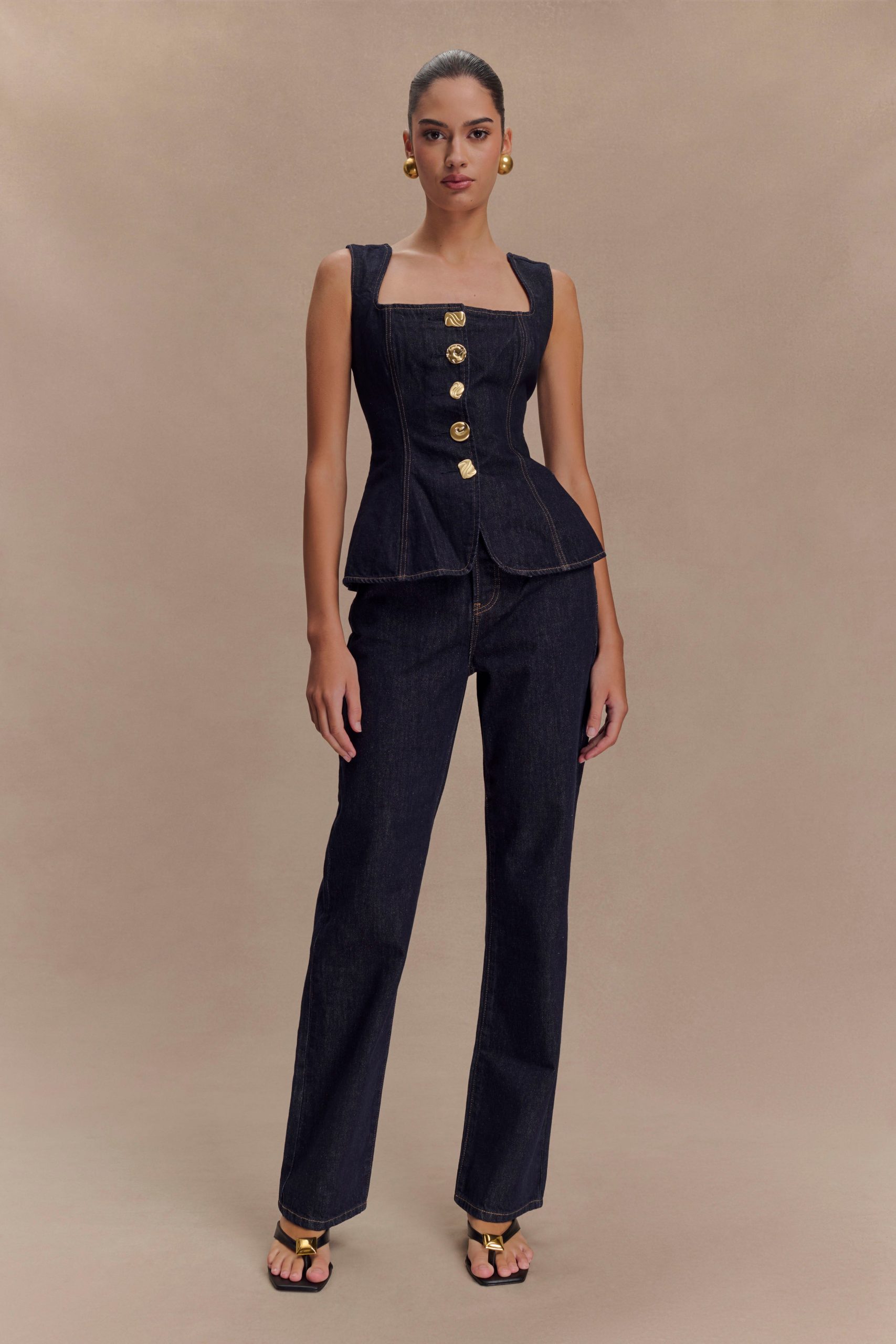 Neve Sleeveless Buttoned Denim Top - Washed Indigo Blue - Image 6