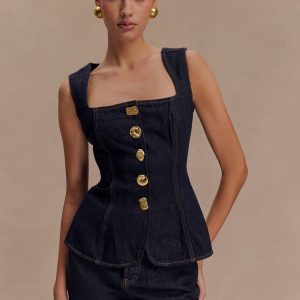 Neve Sleeveless Buttoned Denim Top - Washed Indigo Blue