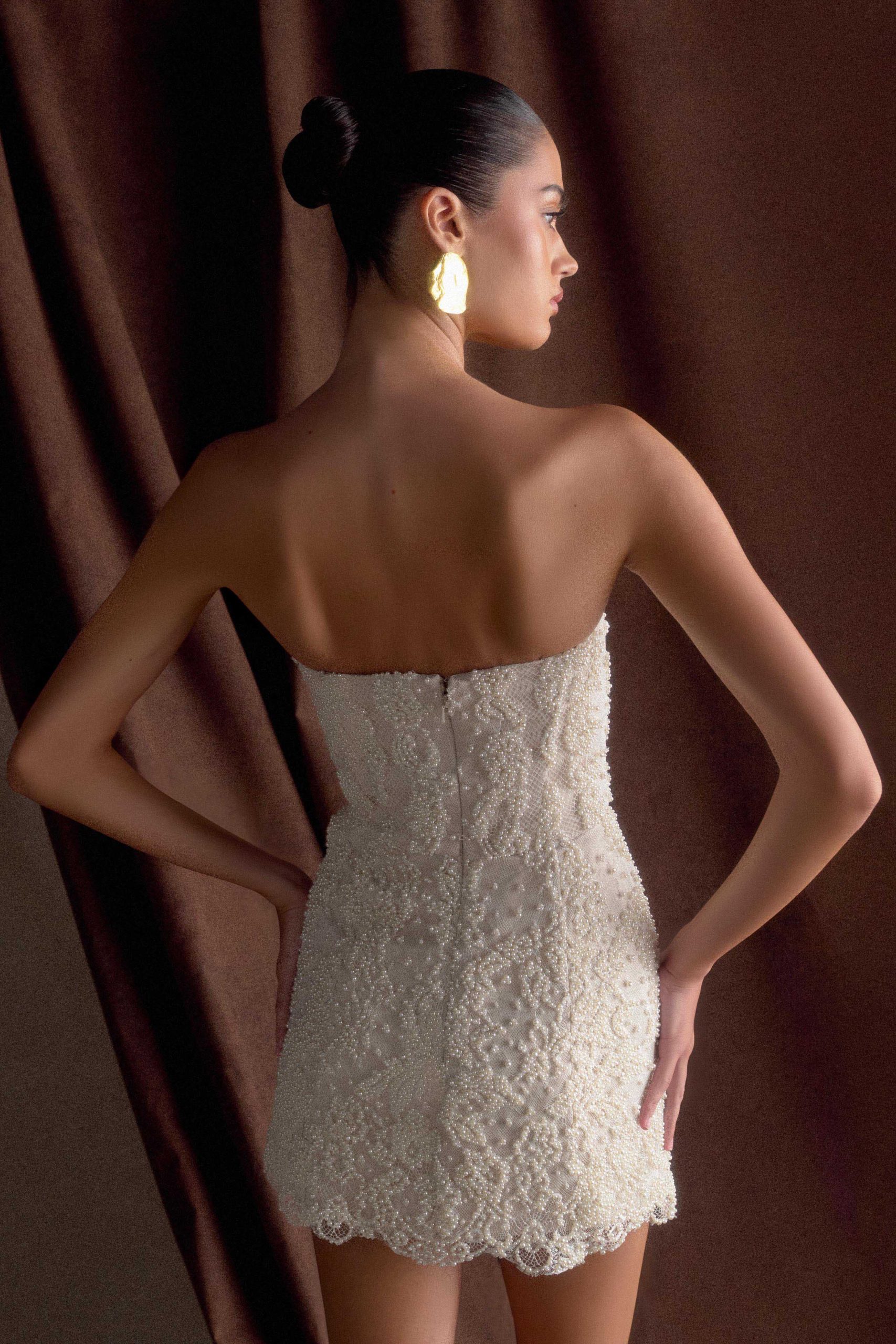 Eva Hand Beaded Pearl & Lace Mini Dress - White - Image 2
