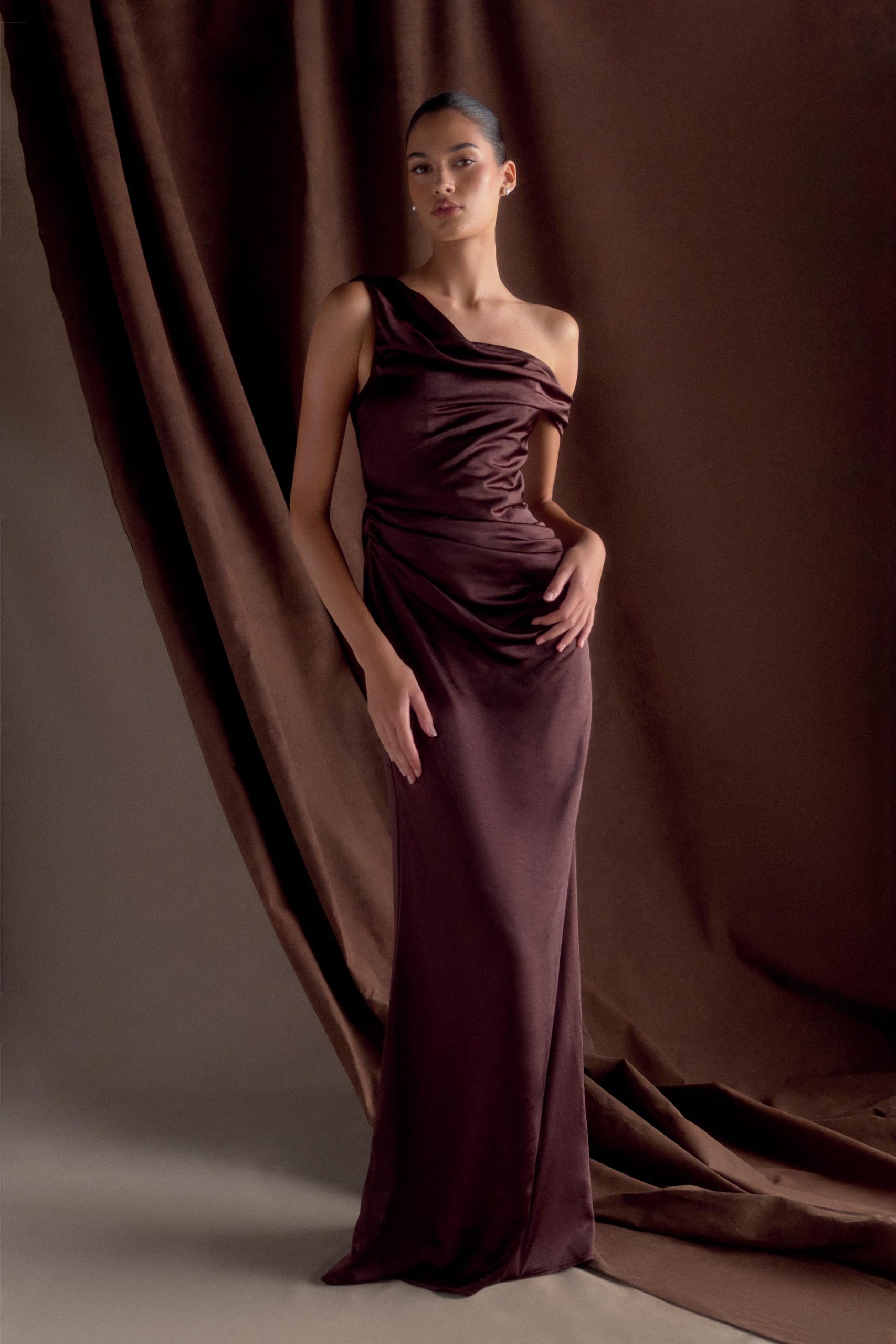 Dalia Off Shoulder Satin Maxi Dress - Dark Chocolate - Image 7