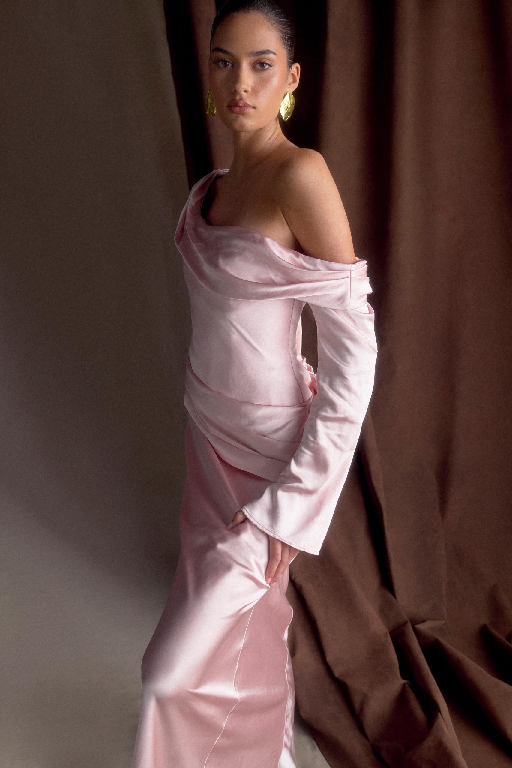 Iris Long Sleeve Satin Maxi Dress - Soft Pink - Image 3