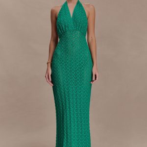 Deeliah Halterneck Crochet Maxi Dress - Emerald