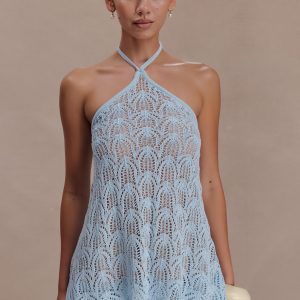 Corey Crochet Halter Neck Top - Light Blue