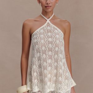 Corey Crochet Halter Neck Top - Ivory