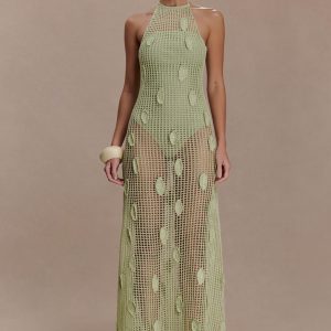 Elfie Crochet Halter Maxi Dress - Pastel Green