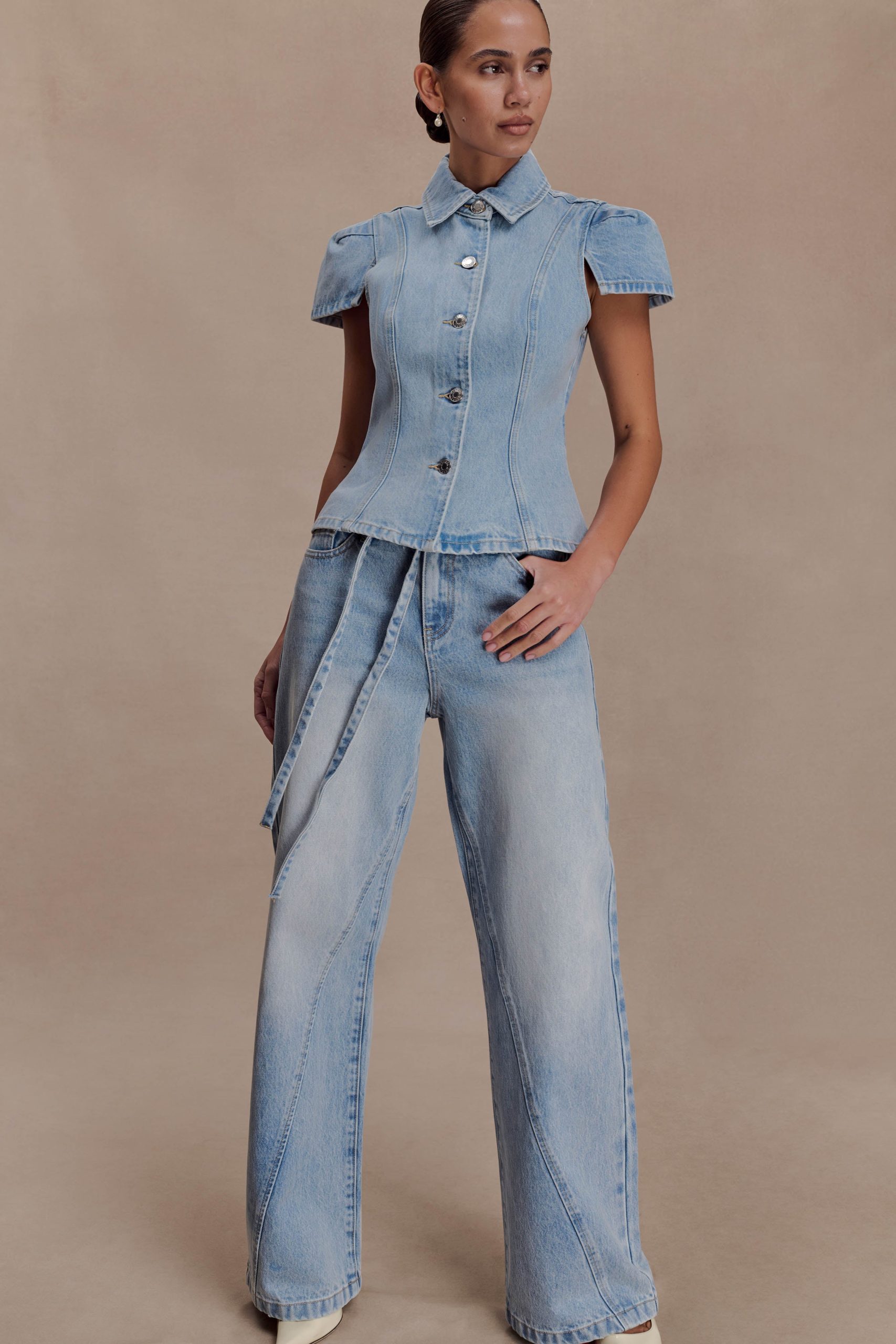 Perrie Mid Rise Straight Leg Tie Jeans - Washed Light Blue - Image 7