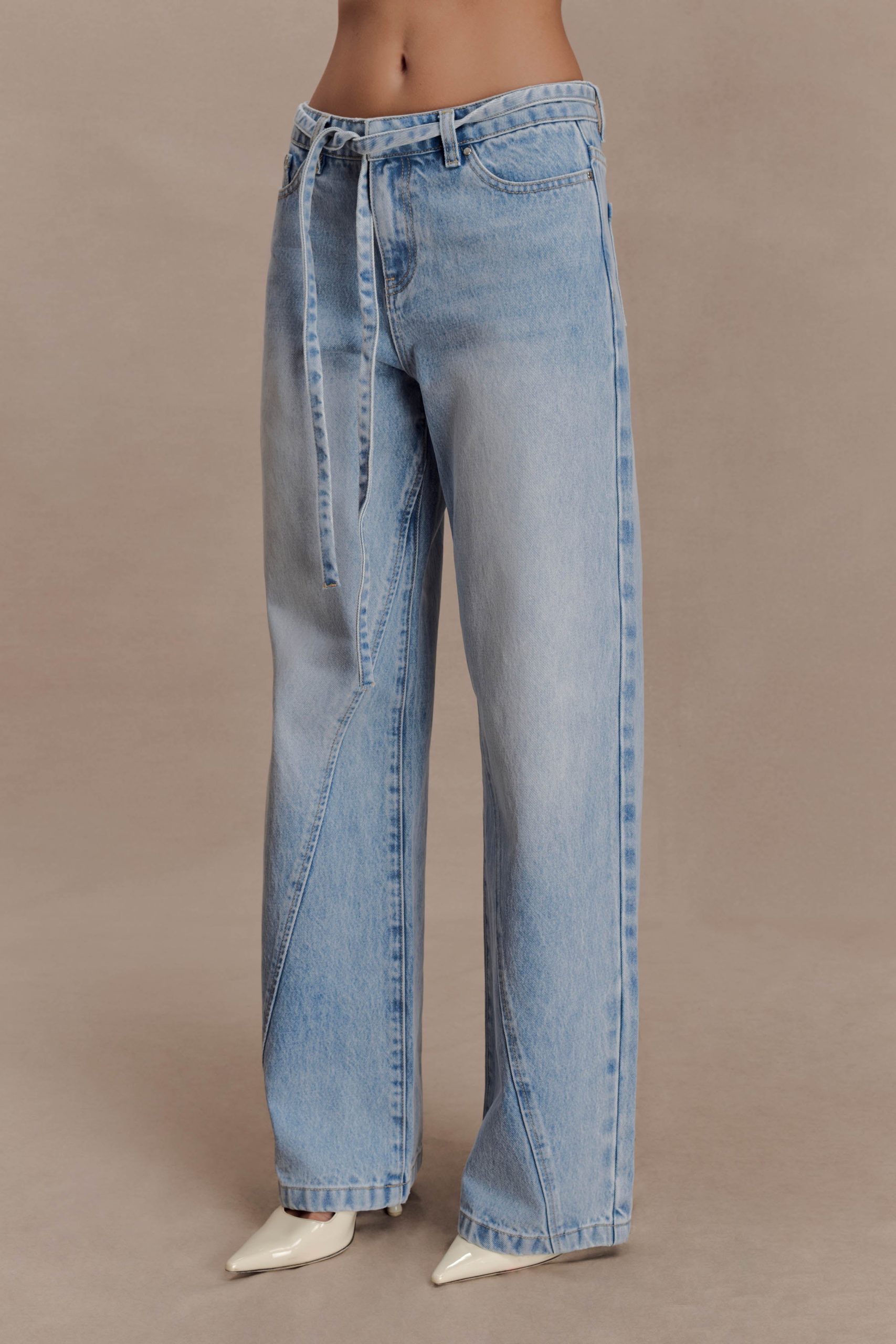 Perrie Mid Rise Straight Leg Tie Jeans - Washed Light Blue - Image 8
