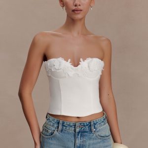 Melany Applique Denim Bustier - White