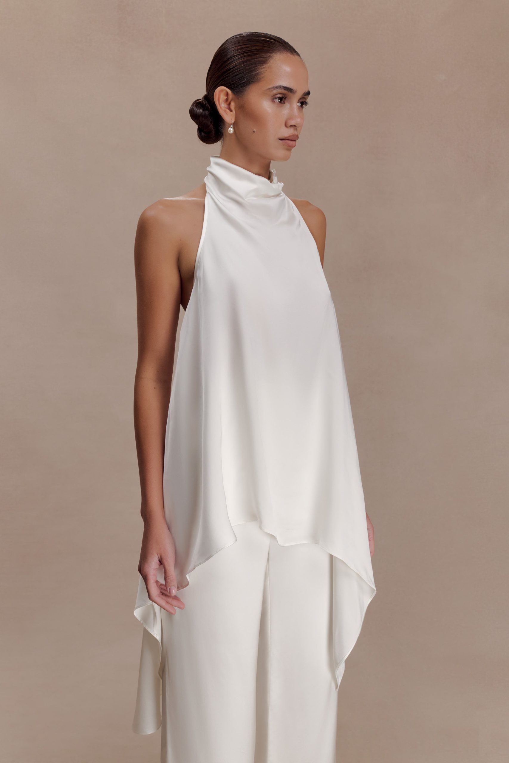 Sydney Asymmetrical Satin Halter Top - Ivory - Image 4
