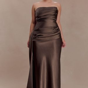 Sarah Strapless Maxi Dress With Waist Tie - Mocha