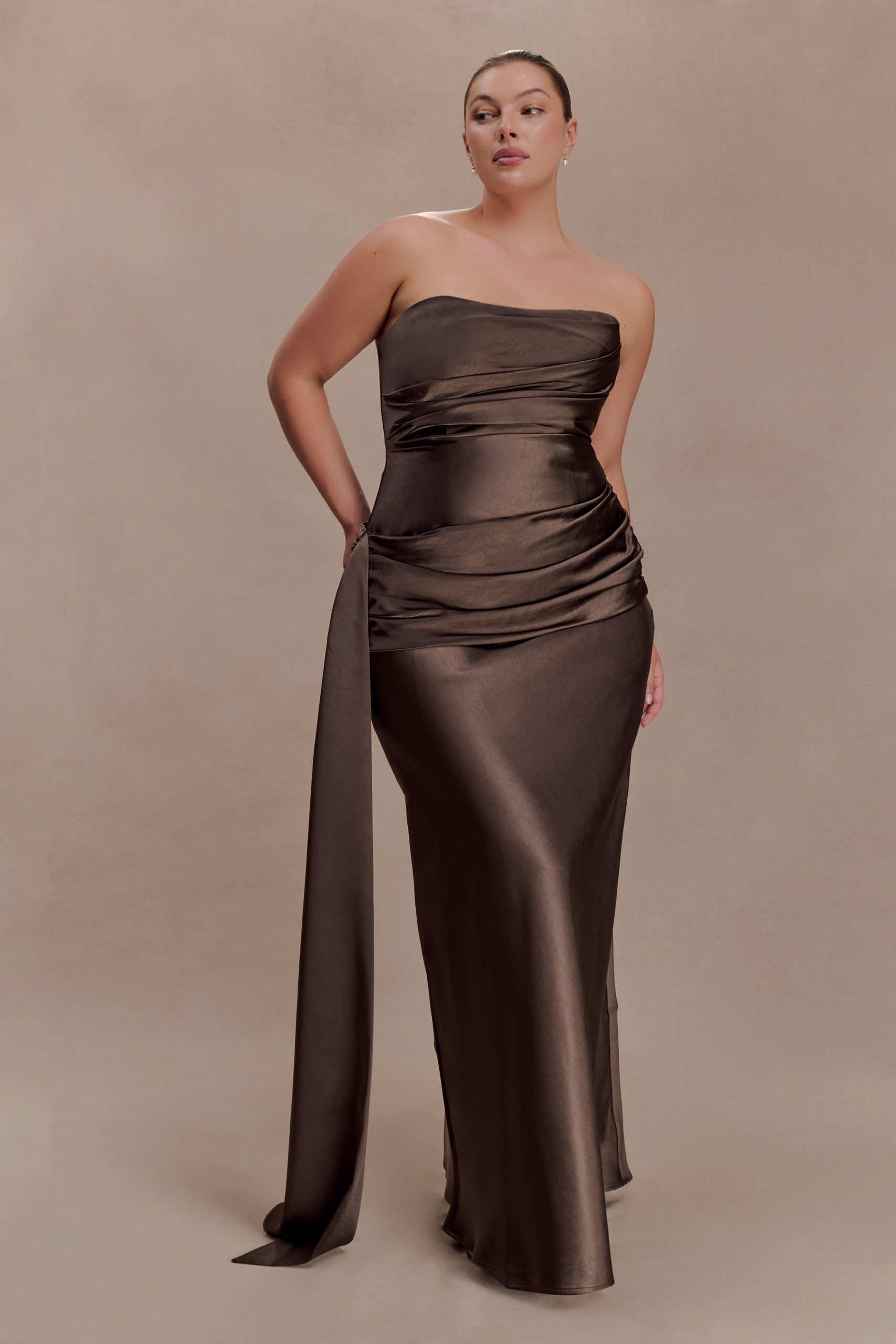 Sarah Strapless Maxi Dress With Waist Tie - Mocha - Image 4