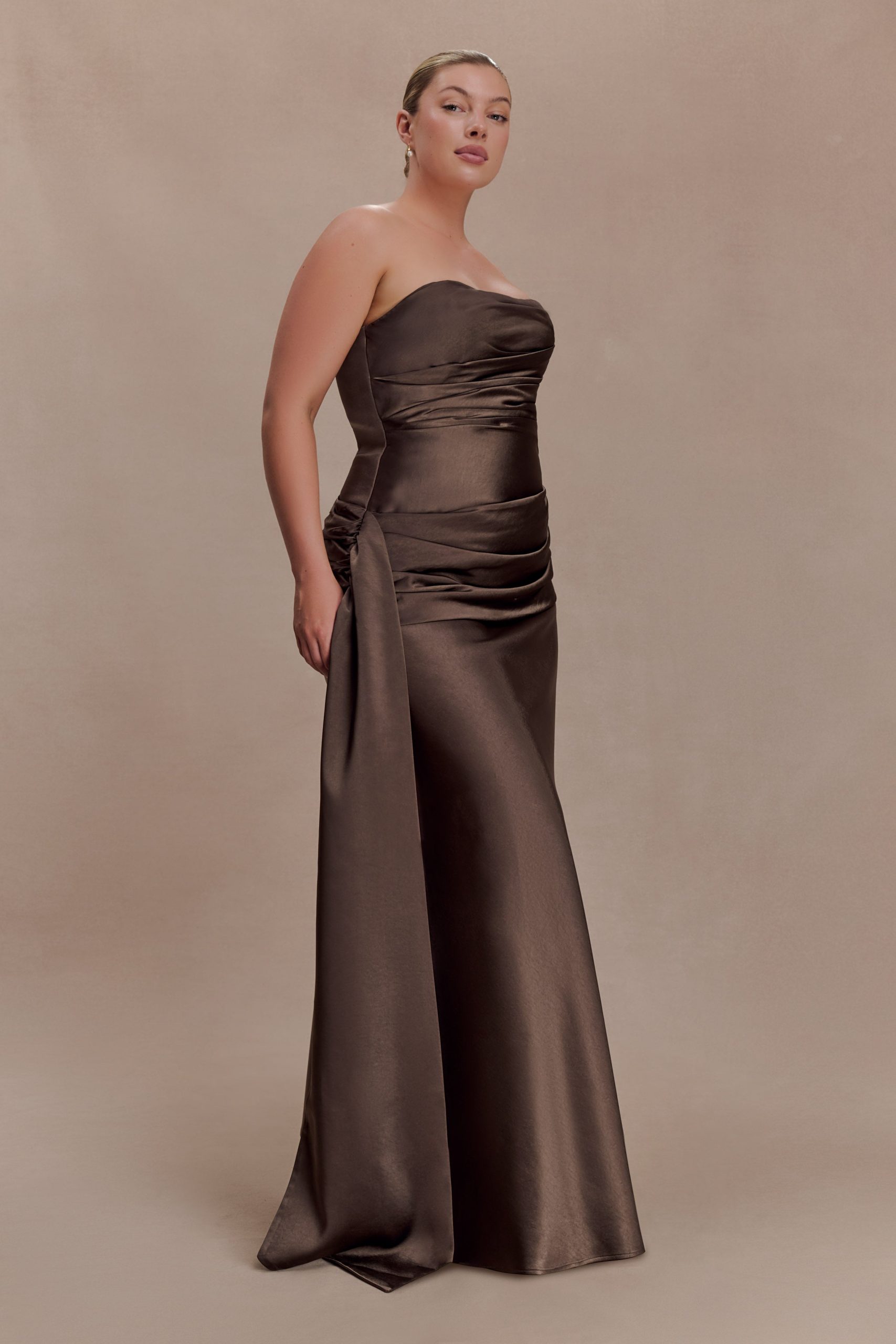Sarah Strapless Maxi Dress With Waist Tie - Mocha - Image 2