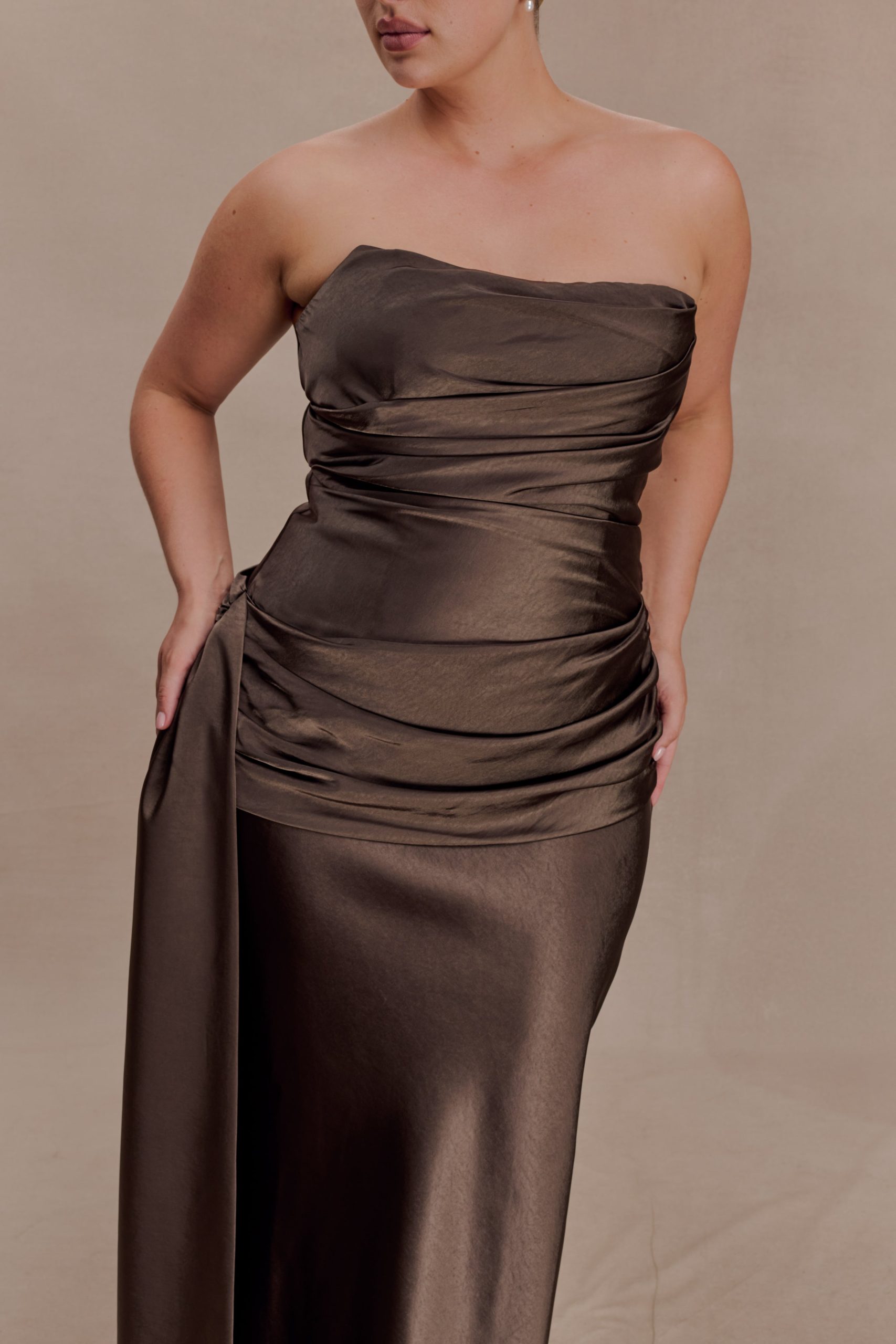 Sarah Strapless Maxi Dress With Waist Tie - Mocha - Image 3