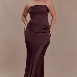 Jasmine Strapless Satin Maxi Dress - Dark Chocolate