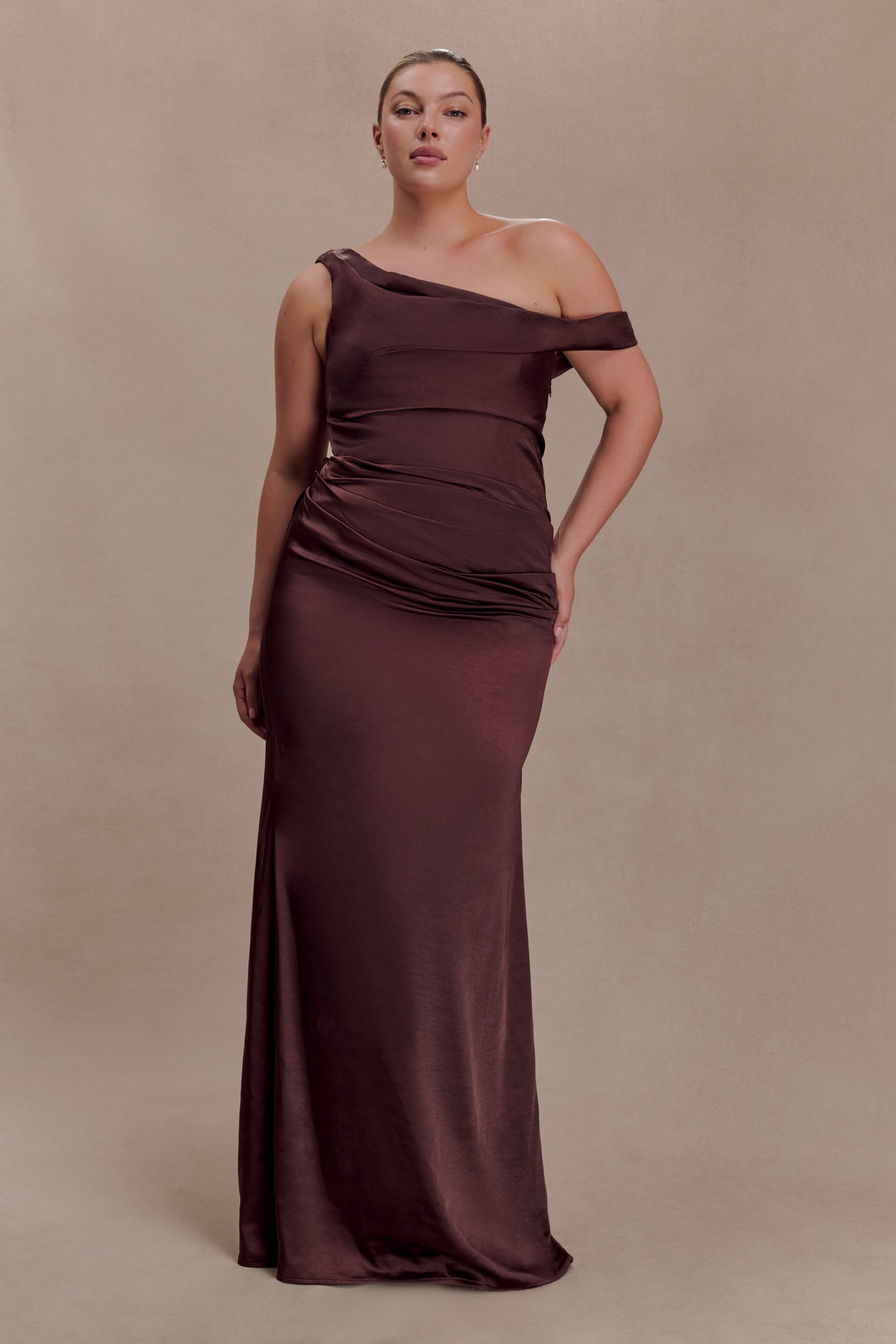 Dalia Off Shoulder Satin Maxi Dress - Dark Chocolate - Image 4