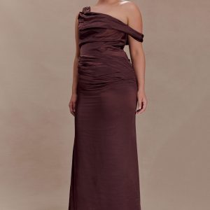 Dalia Off Shoulder Satin Maxi Dress - Dark Chocolate