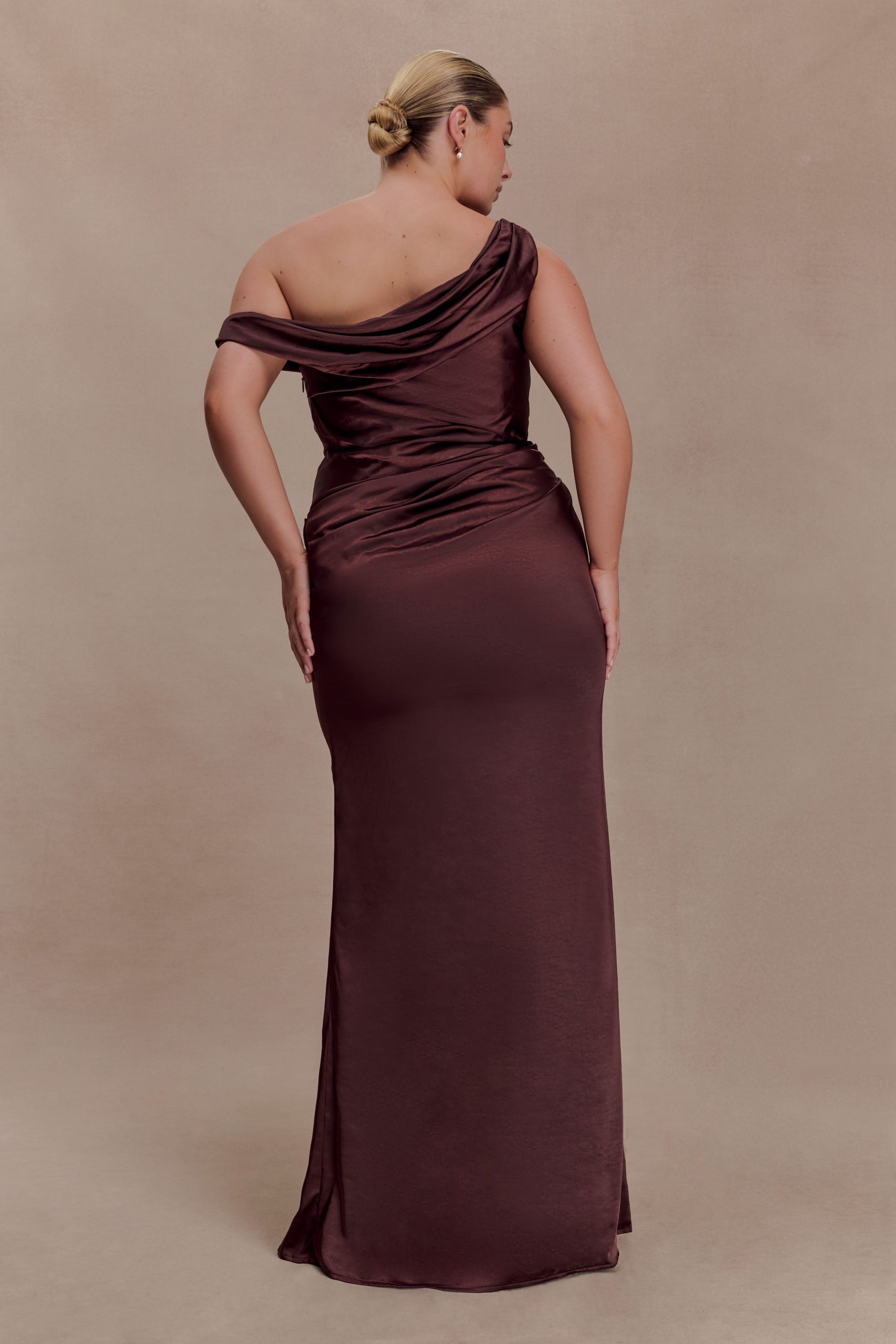 Dalia Off Shoulder Satin Maxi Dress - Dark Chocolate - Image 2