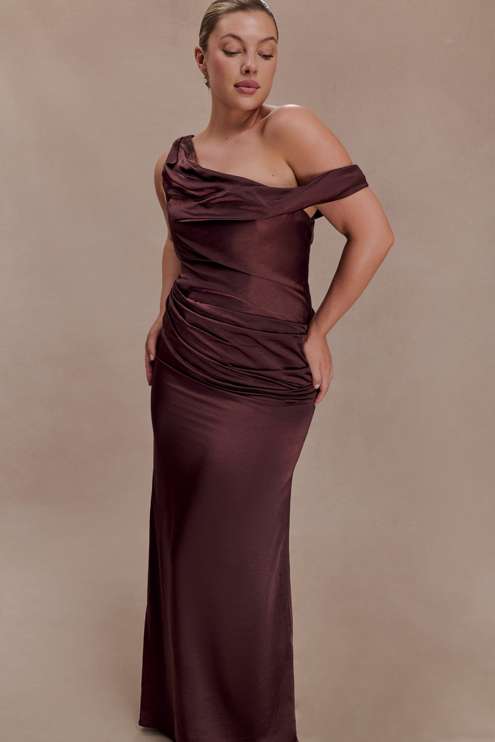 Dalia Off Shoulder Satin Maxi Dress - Dark Chocolate - Image 3