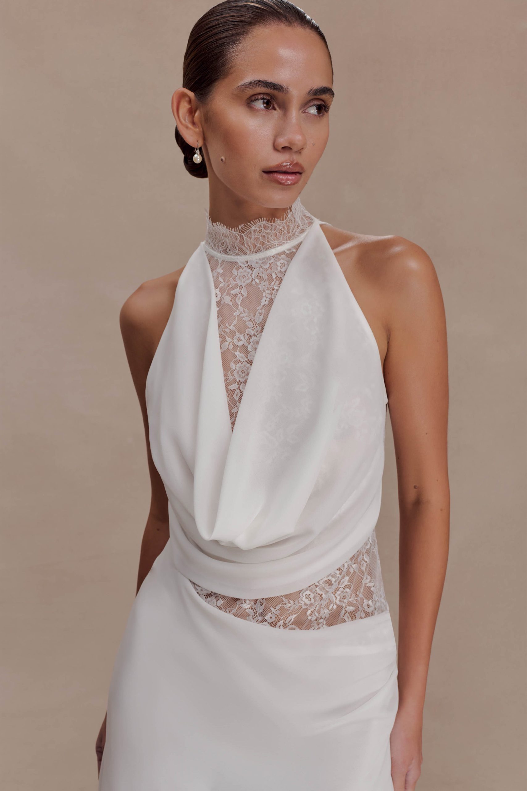 Arra Chiffon And Lace Halter Mini Dress - White - Image 3
