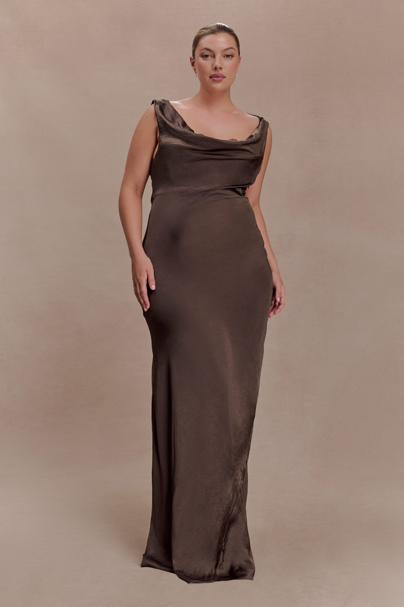 Ashley Cowl Neck Lace And Satin Maxi Dress - Mocha - Image 2