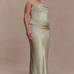 Jasmine Strapless Satin Maxi Dress - Sage