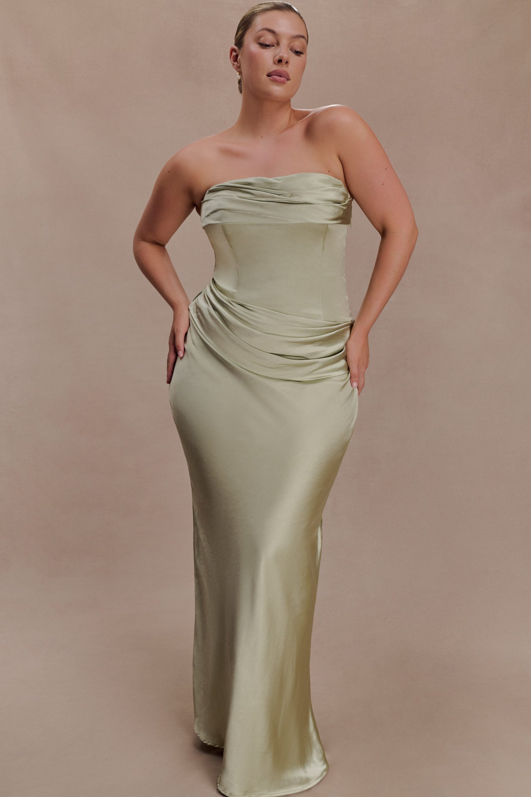 Jasmine Strapless Satin Maxi Dress - Sage - Image 4