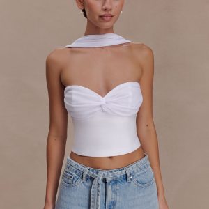 Talia Chiffon And Linen Halter Top - White