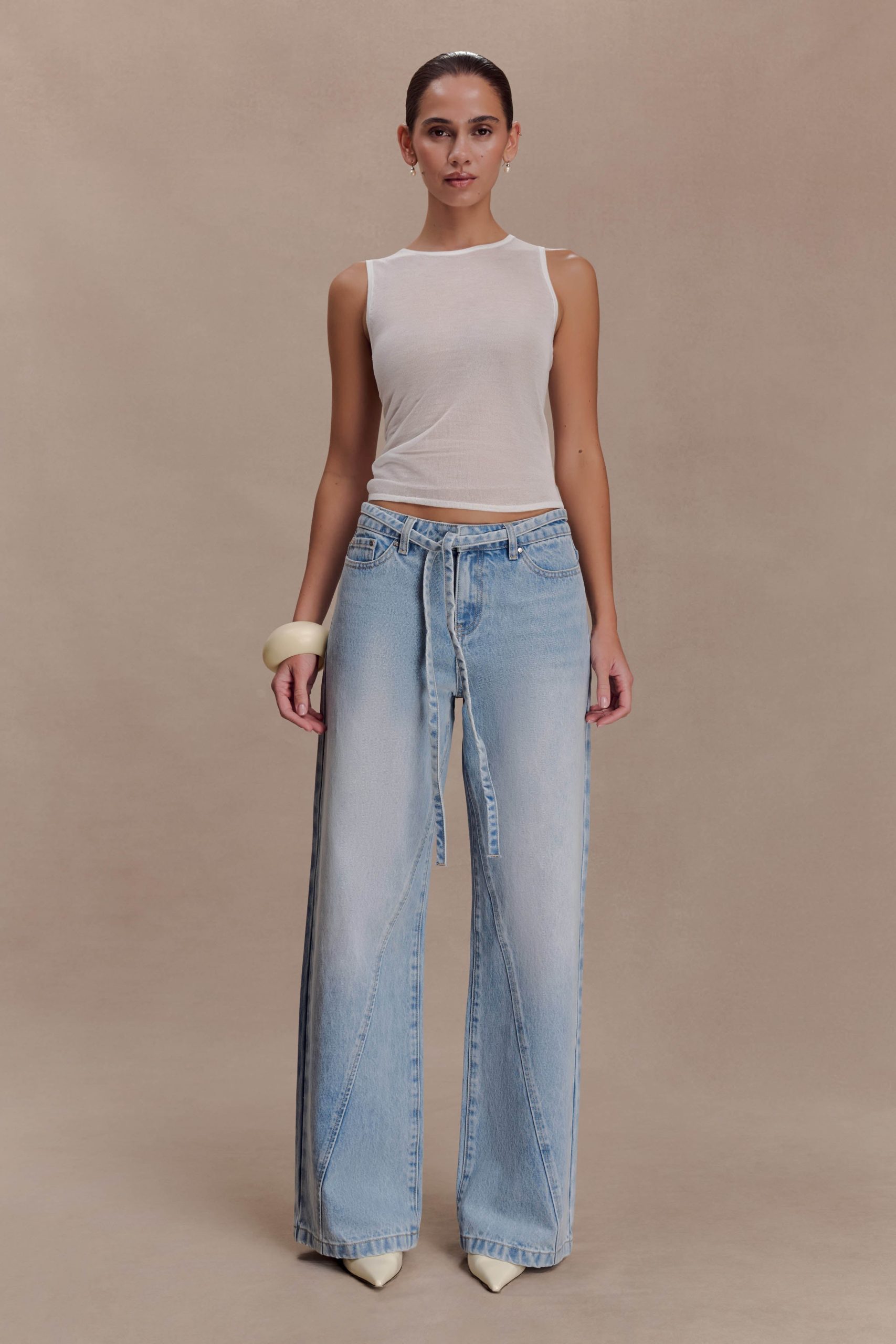 Perrie Mid Rise Straight Leg Tie Jeans - Washed Light Blue - Image 3