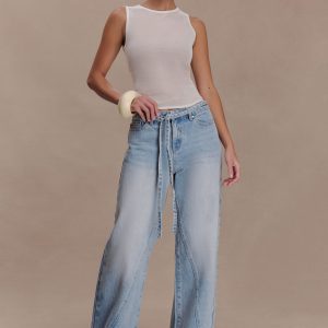 Perrie Mid Rise Straight Leg Tie Jeans - Washed Light Blue