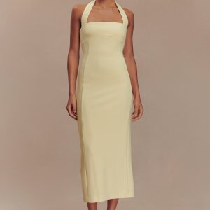 Amelita Suiting Halter Midi Dress - Pale Lemon