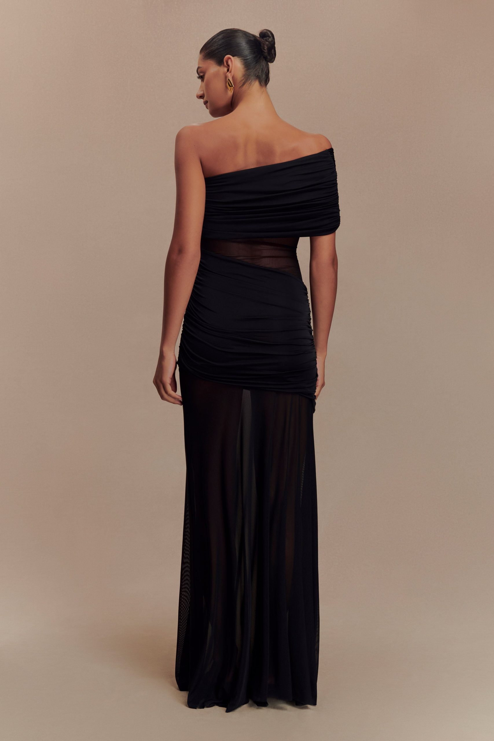 Dallas One Shoulder Mesh Maxi Dress - Black - Image 4