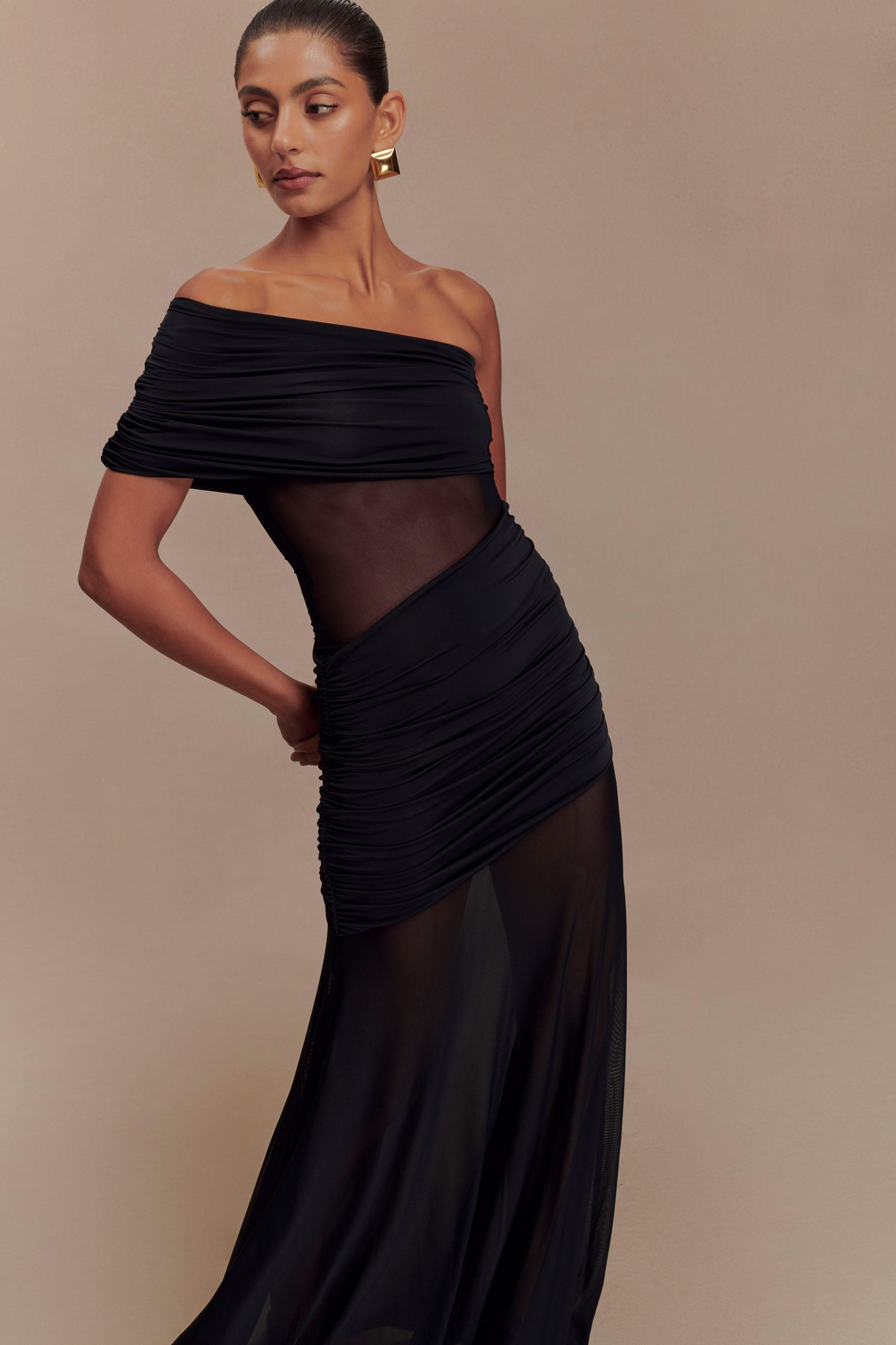 Dallas One Shoulder Mesh Maxi Dress - Black - Image 8