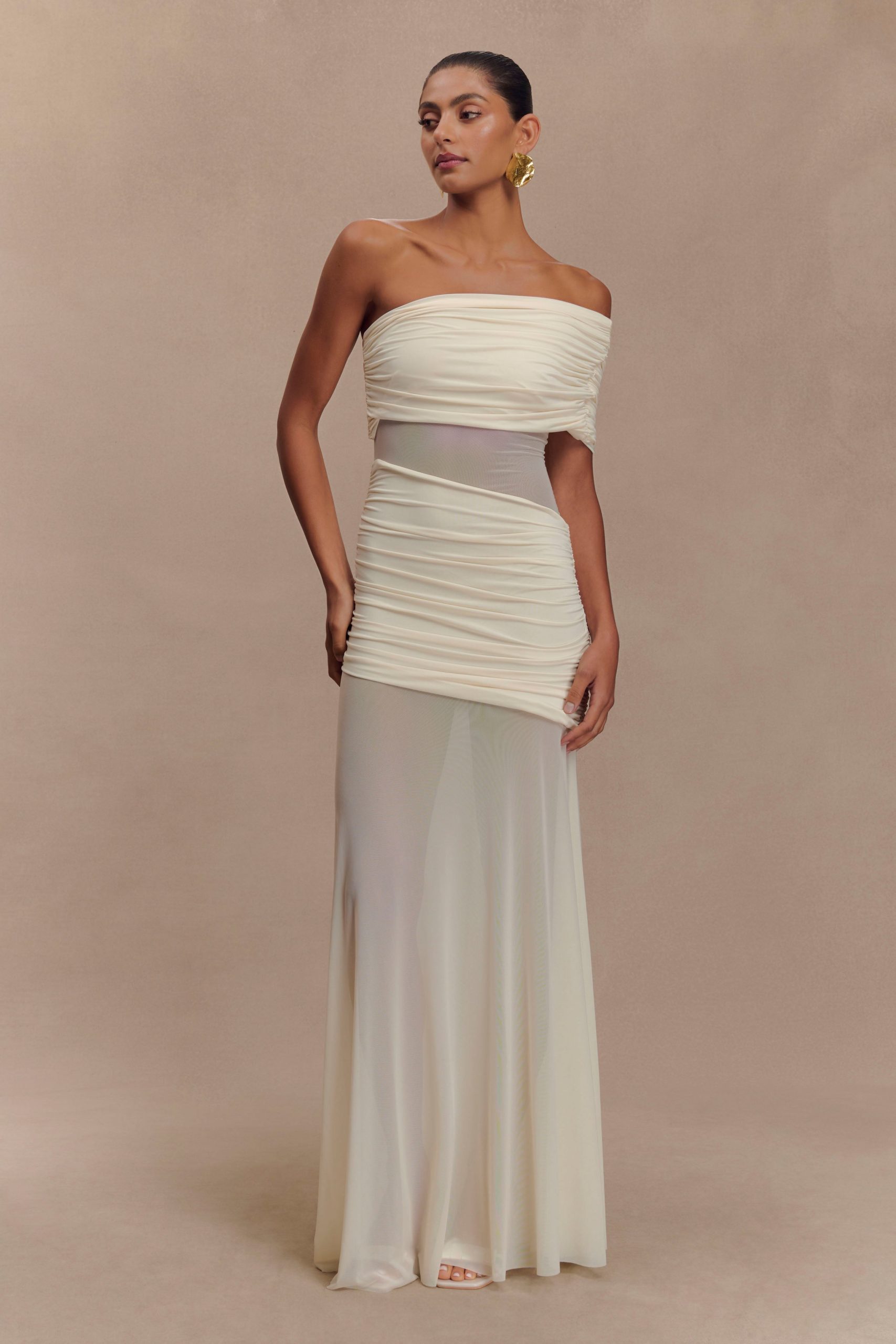Dallas One Shoulder Mesh Maxi Dress - Ivory - Image 3