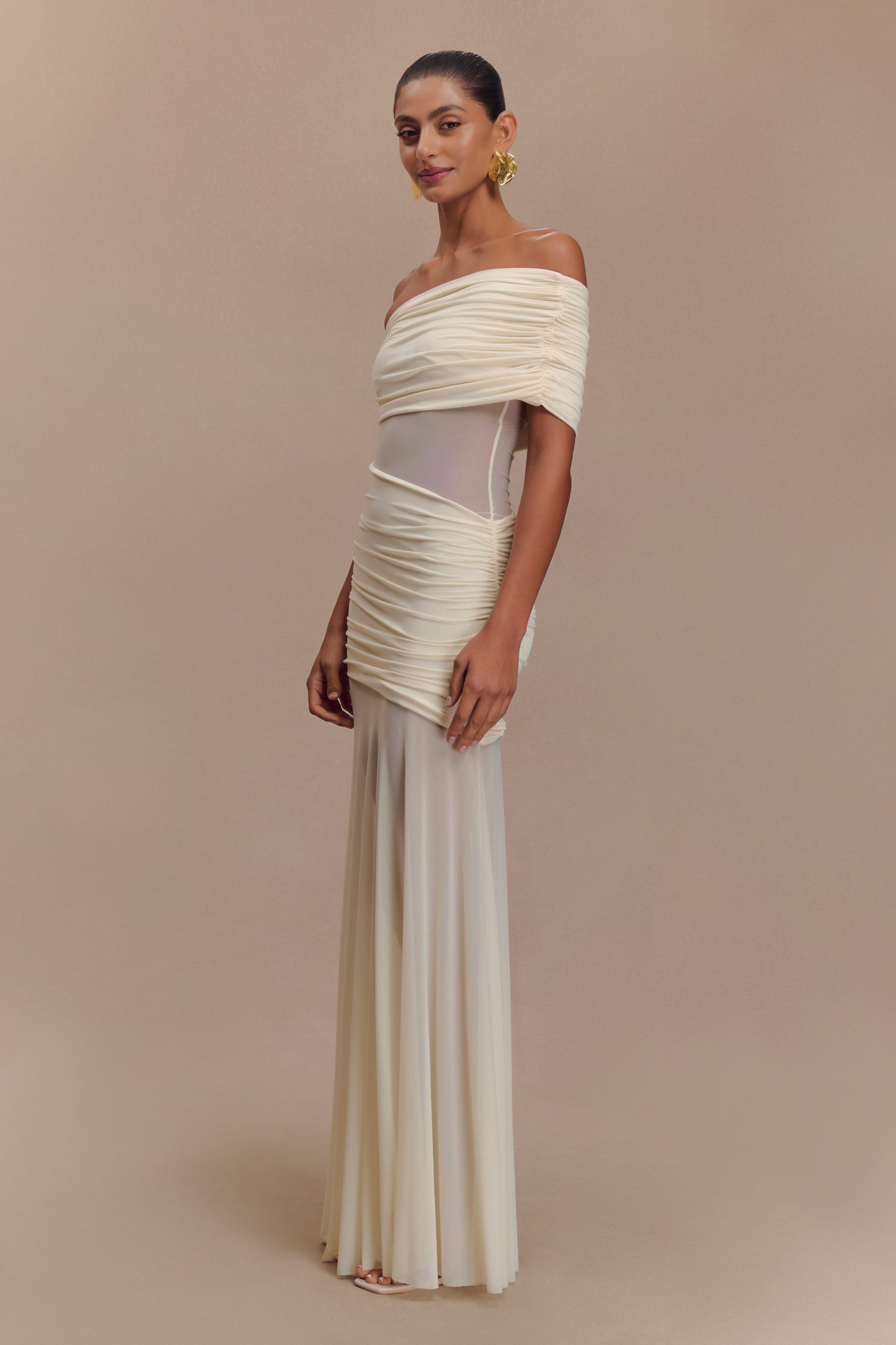 Dallas One Shoulder Mesh Maxi Dress - Ivory - Image 6