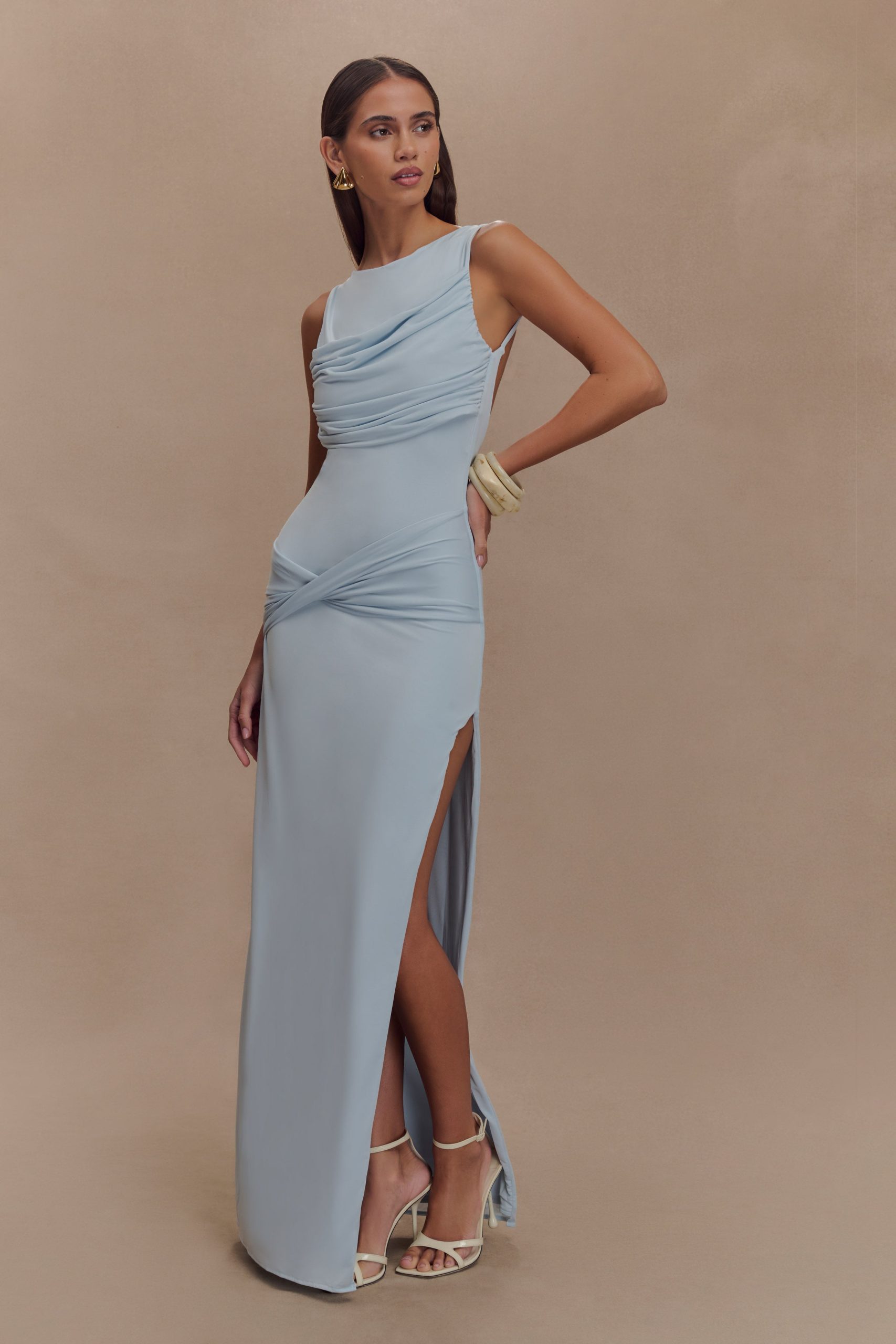 Henley Slinky Drape Maxi Dress - Pale Blue - Image 3