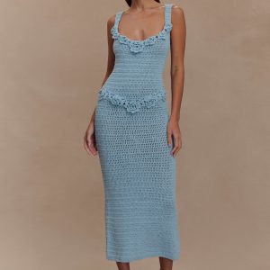 Teagan Floral Hand Crochet Midi Dress - Blue