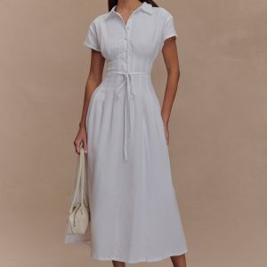 Aysha Buttoned Linen Midi Dress - White